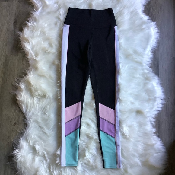 Beach Riot Bailey Black Ribbed Pastel Colorblock Leggings Small - Picture 3 of 9